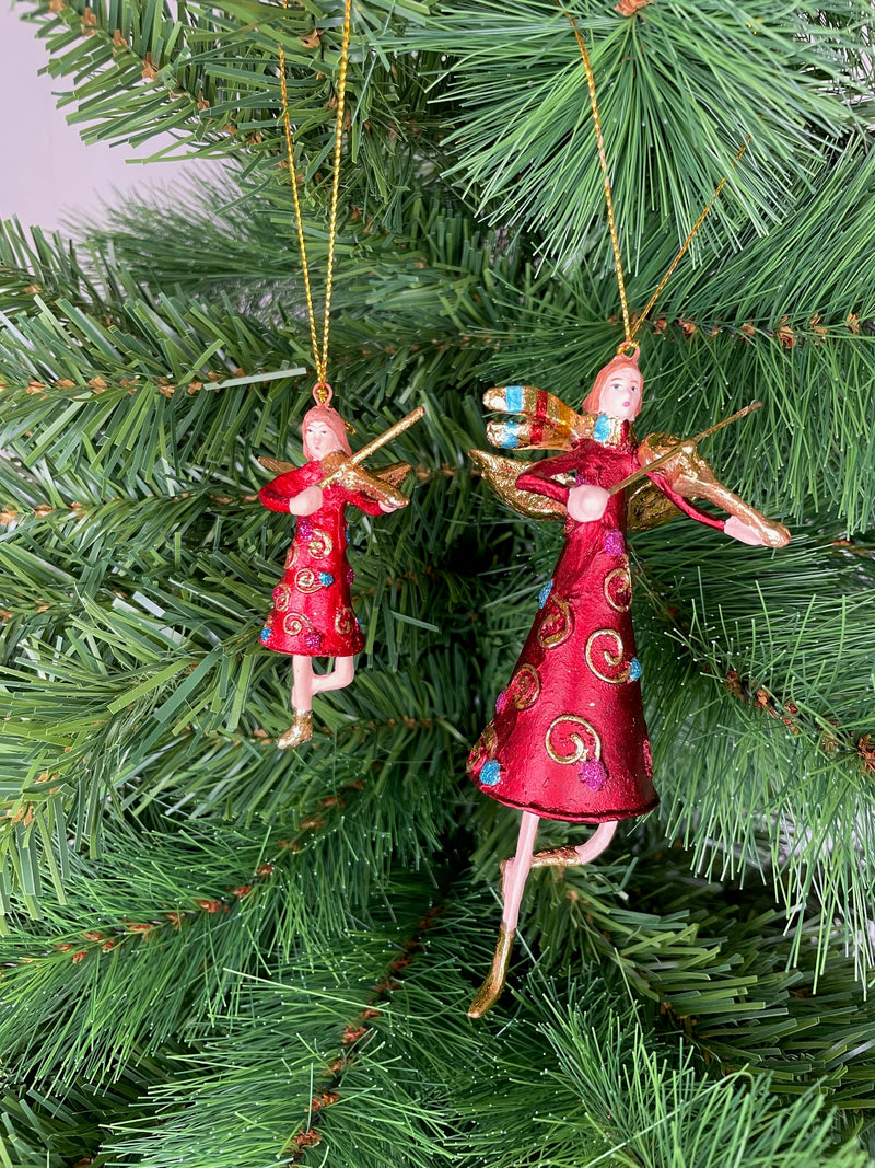 Christbaumschmuck  Engel mit Flügeln und Geige in rot-goldenem Kleid Baumschmuck 14cm