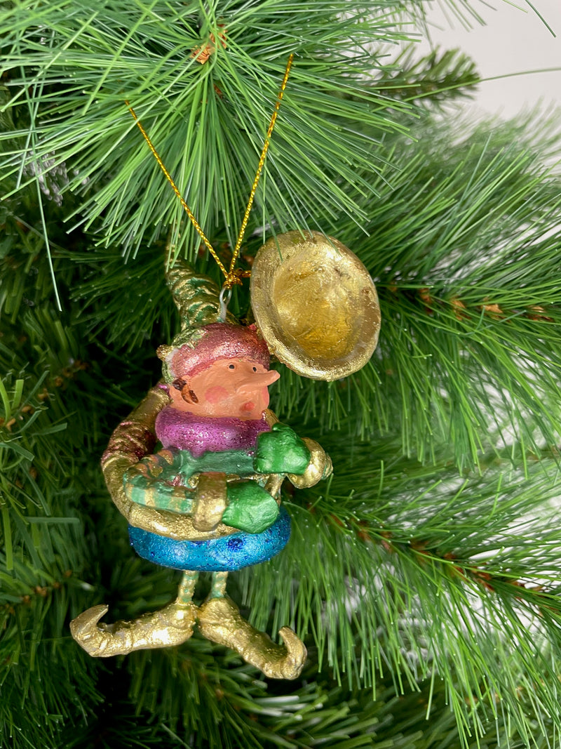 Kleiner Weihnachtsmann Elf Gabenträger Weihnachten Deko Hänger Christbaumschmuck 10,5 cm grün-Gold mit Tuba