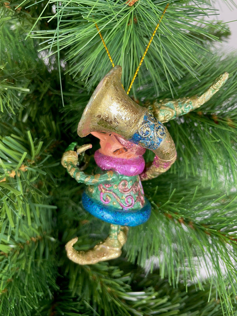 Kleiner Weihnachtsmann Elf Gabenträger Weihnachten Deko Hänger Christbaumschmuck 10,5 cm grün-Gold mit Tuba