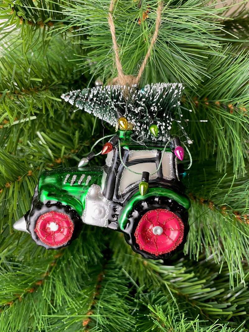 Christbaumschmuck Deko Hänger Glas Traktor mit Tannenbaum grün 9,5cm hoch