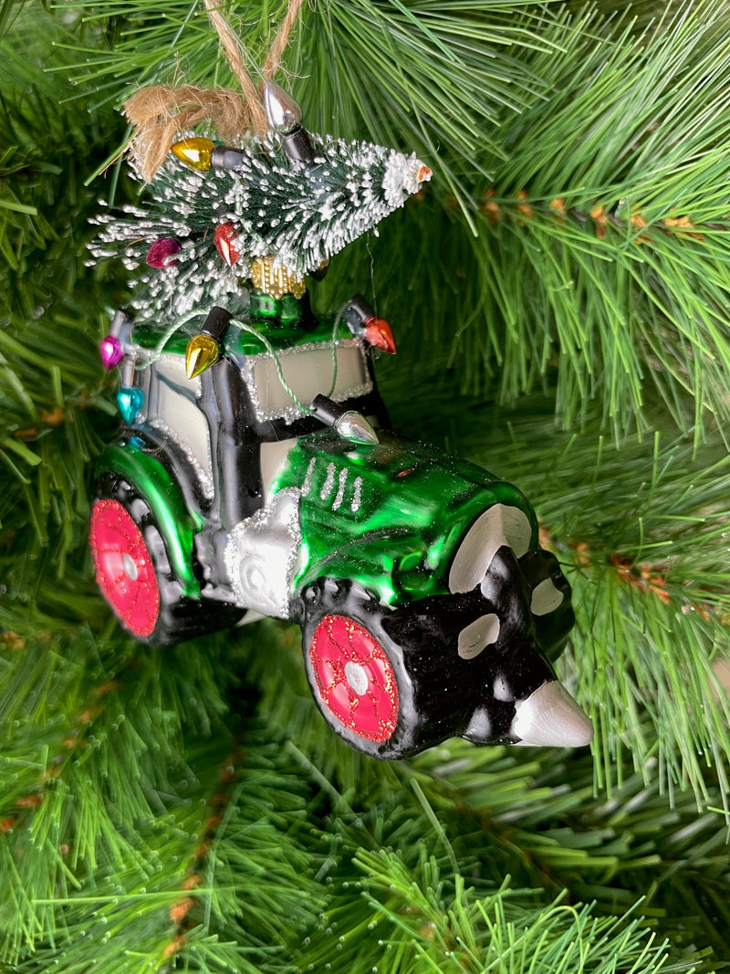 Christbaumschmuck Deko Hänger Glas Traktor mit Tannenbaum grün 9,5cm hoch