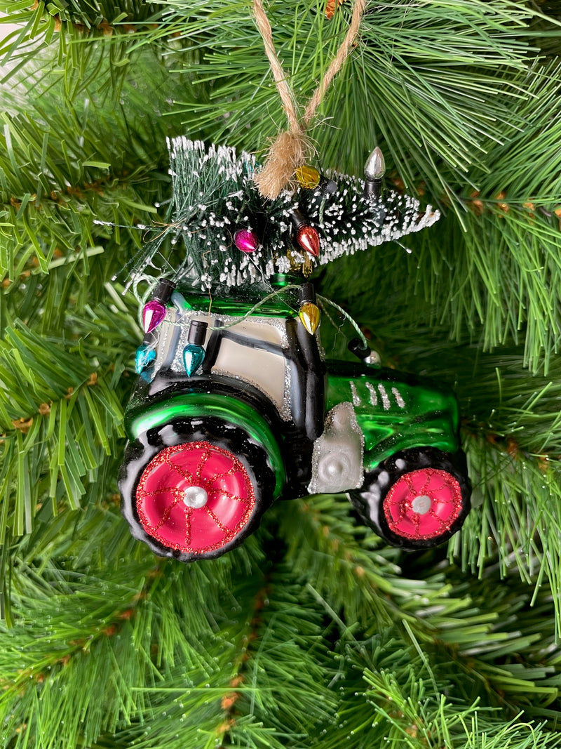 Christbaumschmuck Deko Hänger Glas Traktor mit Tannenbaum grün 9,5cm hoch