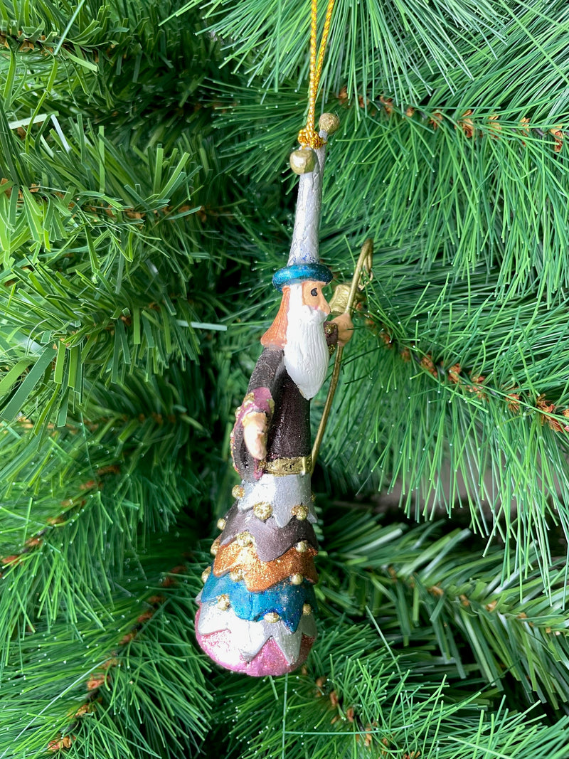 Christbaumschmuck Figur Weihnachtsmann mit Stab braun blau Baumschmuck 14cm