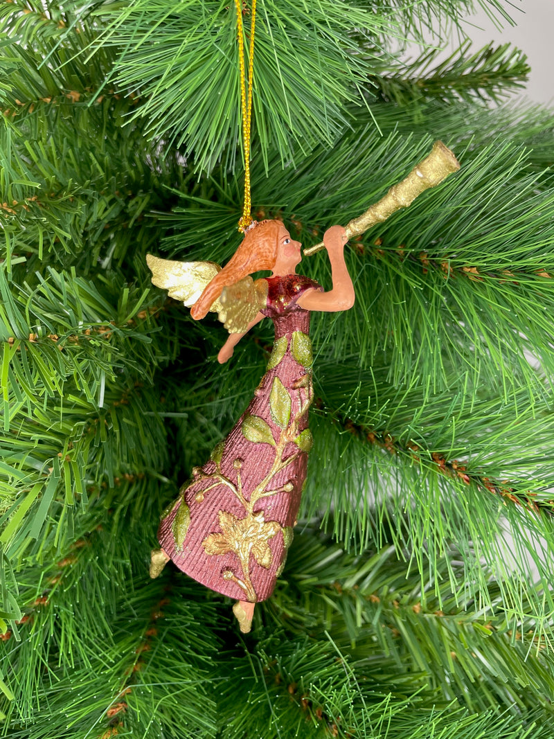 Christbaumschmuck Figur Engel mit Fanfare weinrot grün gold Hänger Baumschmuck 16cm