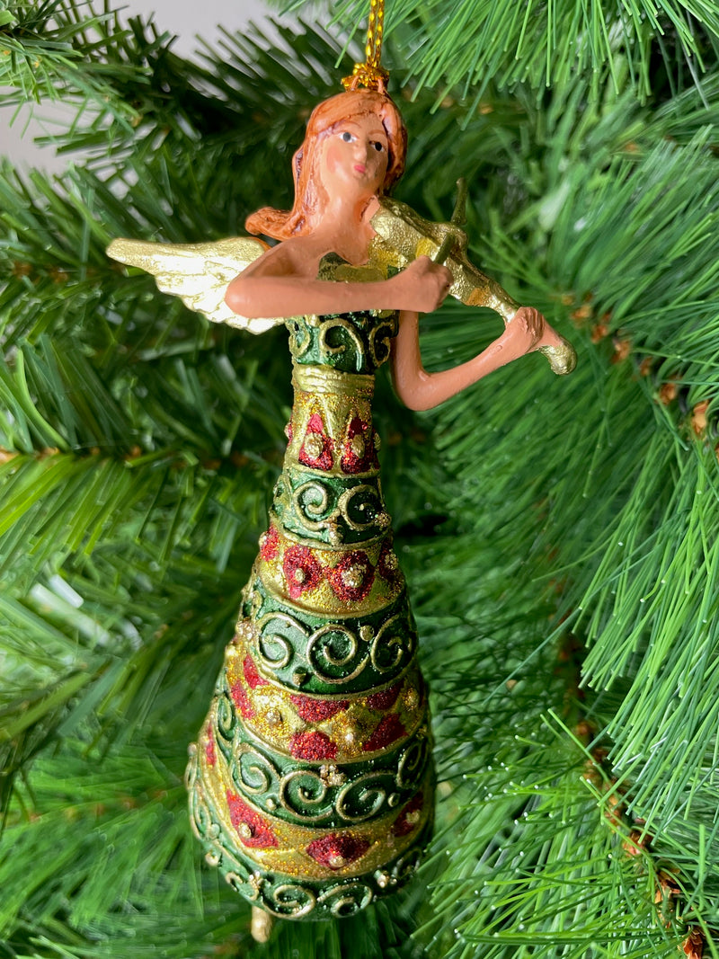 Christbaumschmuck Figur Engel mit Geige grün rot goldenes Kleid Baumschmuck 15cm