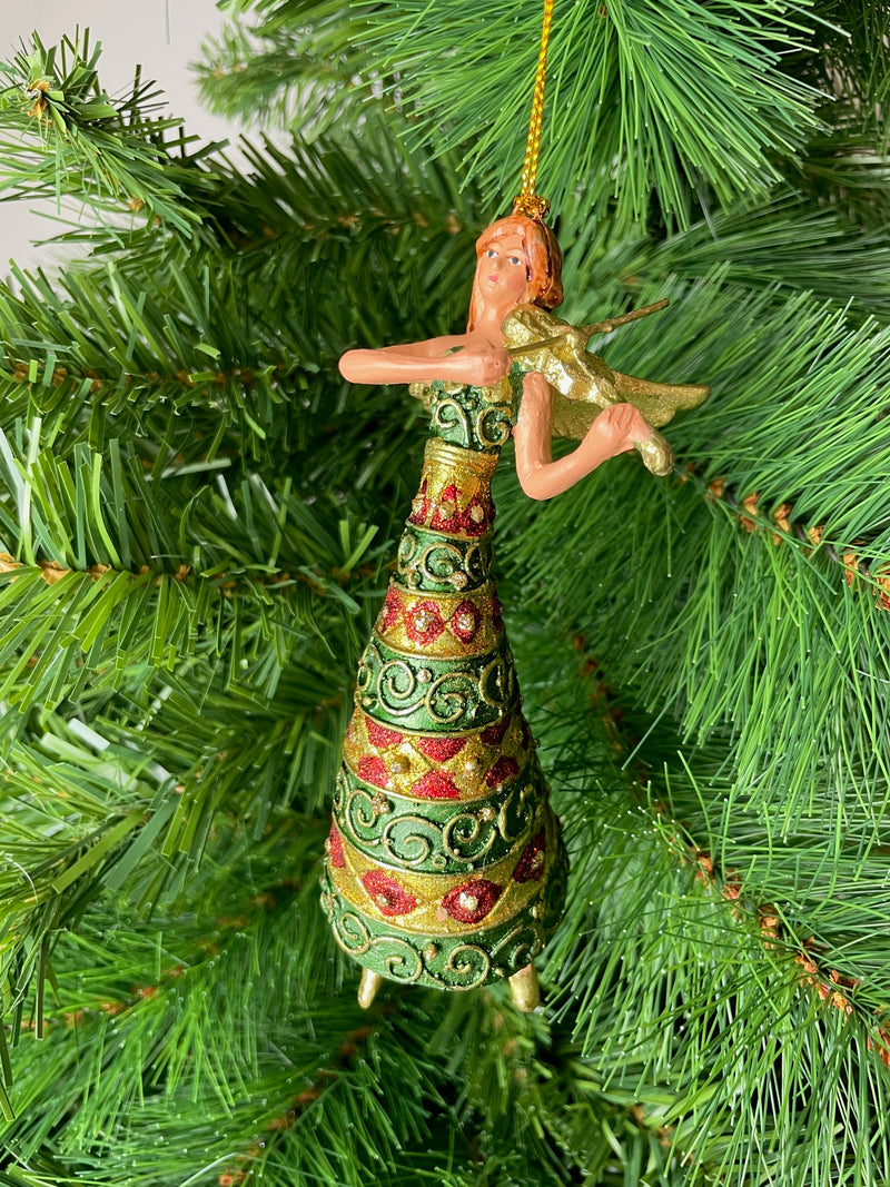 Christbaumschmuck Figur Engel mit Geige grün rot goldenes Kleid Baumschmuck 15cm