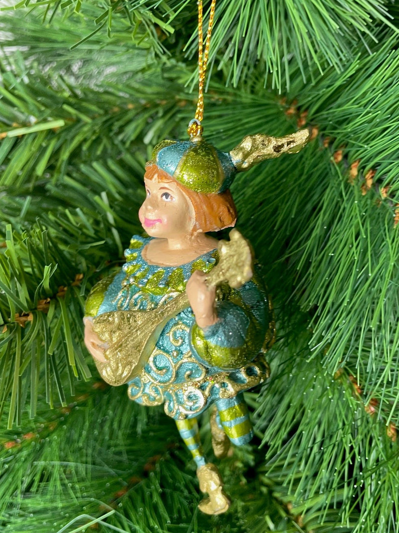 Christbaumschmuck Musiker mit Mandoline Deko mit Verzierungen grün gold 13cm