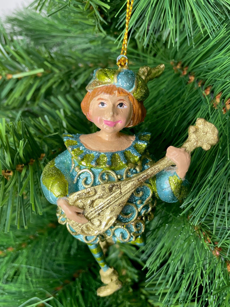 Christbaumschmuck Musiker mit Mandoline Deko mit Verzierungen grün gold 13cm