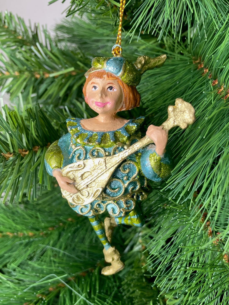 Christbaumschmuck Musiker mit Mandoline Deko mit Verzierungen grün gold 13cm