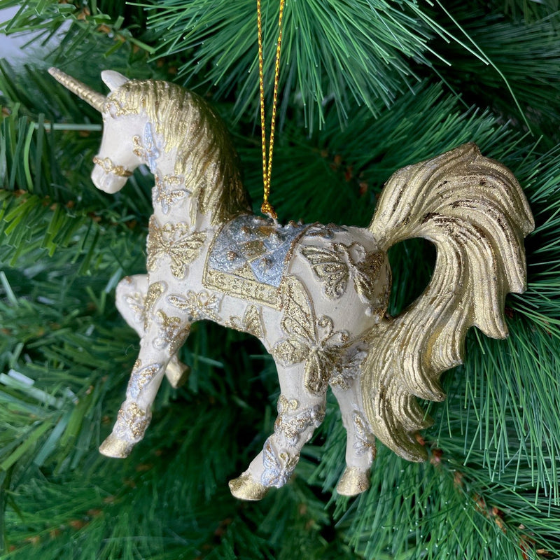 Christbaumschmuck bezauberndes Einhorn verziert in creme-gold-silber  Hänger 15 cm