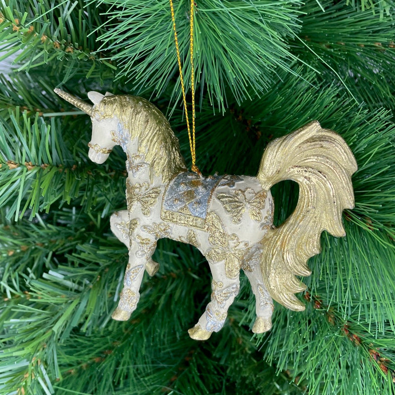 Christbaumschmuck bezauberndes Einhorn verziert in creme-gold-silber  Hänger 15 cm