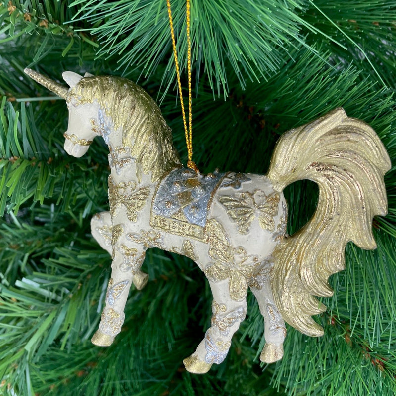 Christbaumschmuck bezauberndes Einhorn verziert in creme-gold-silber  Hänger 15 cm