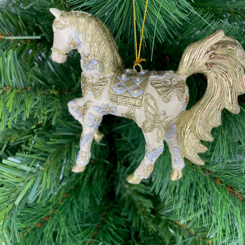 Christbaumschmuck Figur wunderschönes Pferd in creme-gold-silber Hänger 11 cm