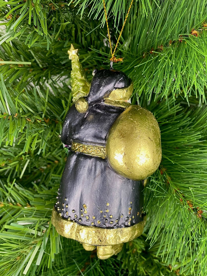 Christbaumschmuck Figur Weihnachtsmann dick mit Geschenken dunkelblau lila gold 15cm