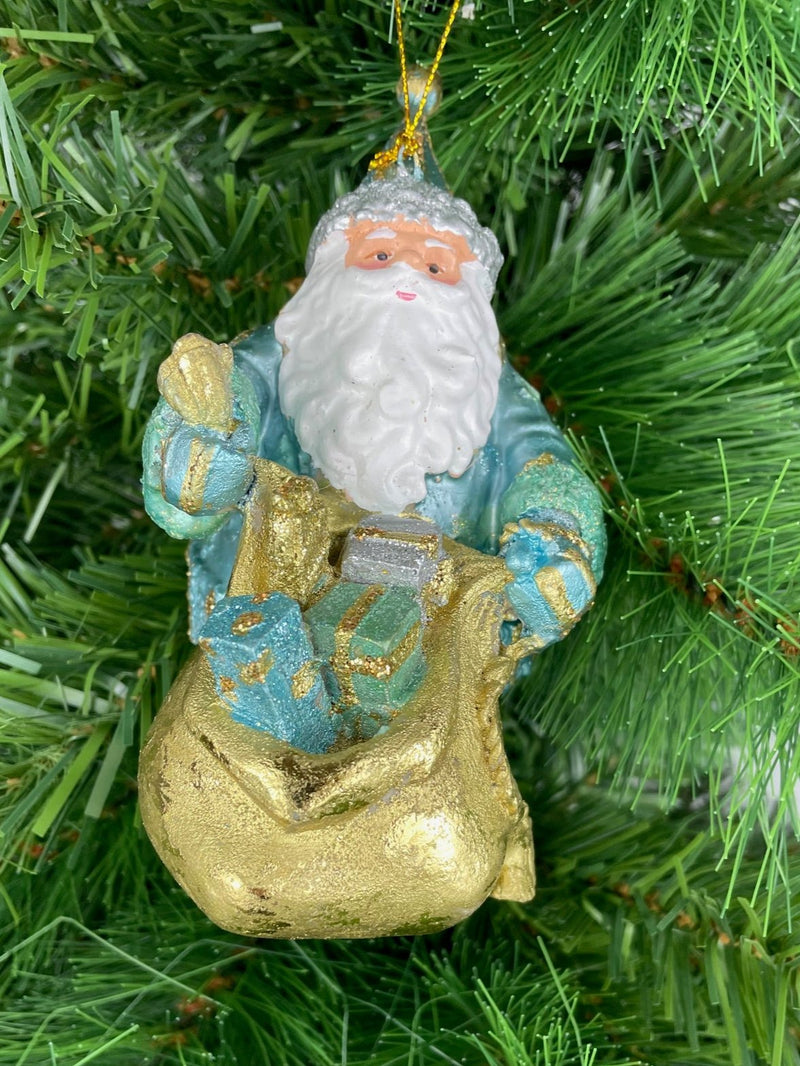 Christbaumschmuck Weihnachtsmann dick mit Geschenkesack hellblau gold 15cm