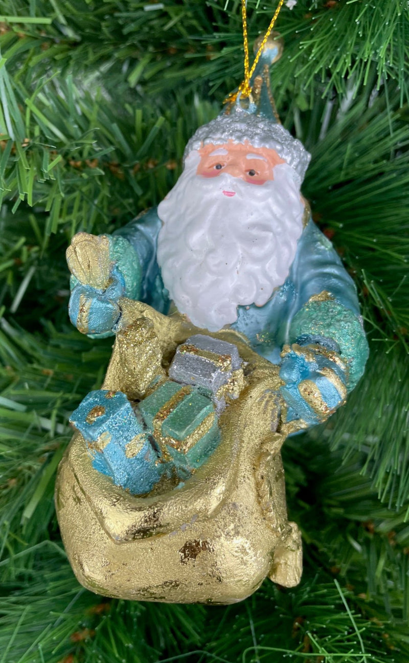 Christbaumschmuck Weihnachtsmann dick mit Geschenkesack hellblau gold 15cm