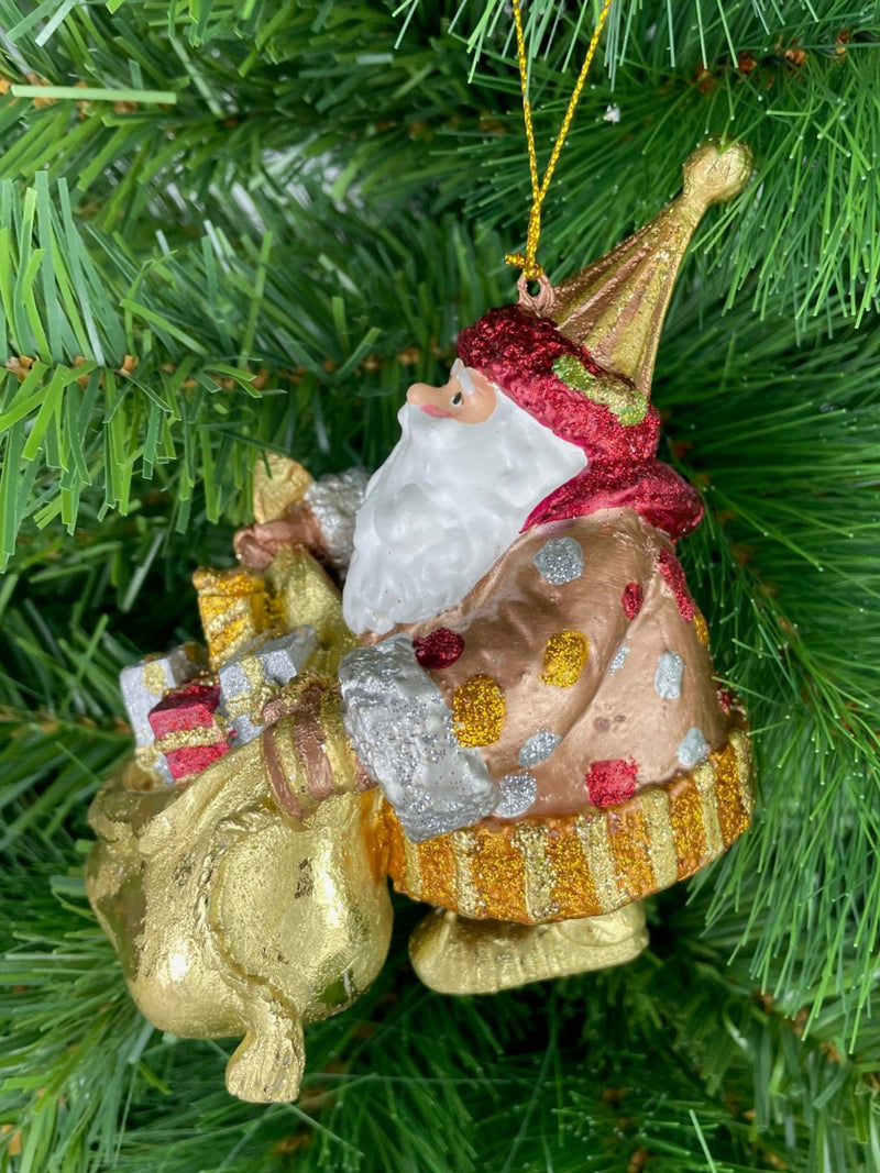 Christbaumschmuck  Weihnachtsmann dick mit Geschenkesack  taupe-rosa gold rot 15cm