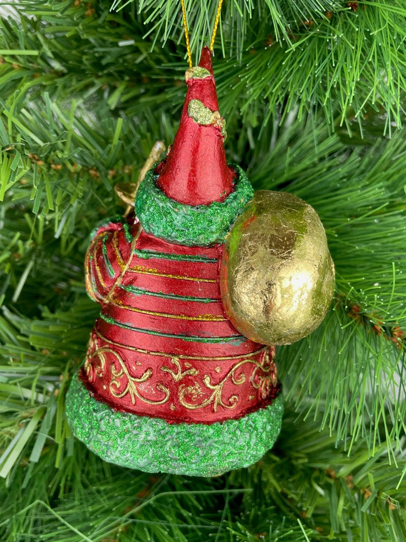 Christbaumschmuck Figur Weihnachtsmann dick mit Geschenkesack rot-grün-gold 15cm