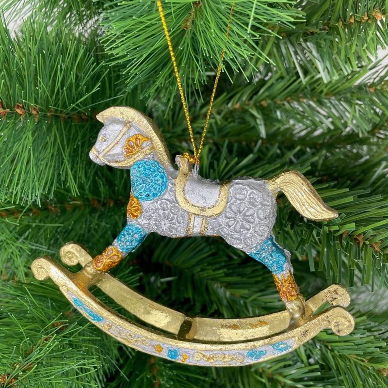 Christbaumschmuck Figur Schaukelpferd hellblau-gold Hänger 13 cm