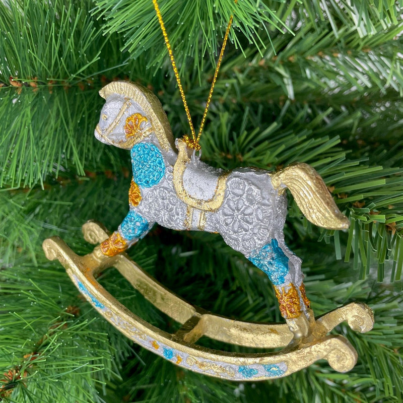 Christbaumschmuck Figur Schaukelpferd hellblau-gold Hänger 13 cm