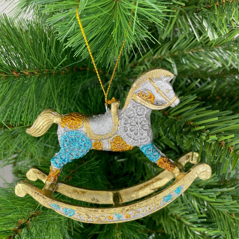 Christbaumschmuck Figur Schaukelpferd hellblau-gold Hänger 13 cm