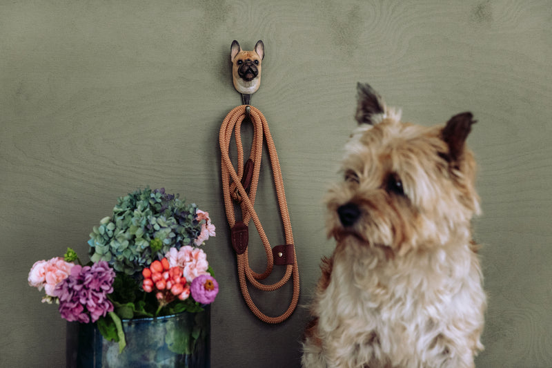 KLEIDERHAKEN FRANZÖSISCHE BULLDOGGE Hund Garderobe Wandhaken massiv Landhaus Vintage handgeschnitzt und handbemalt Holz und Metall-Haken 11cm hoch