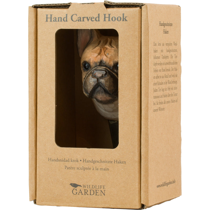 KLEIDERHAKEN FRANZÖSISCHE BULLDOGGE Hund Garderobe Wandhaken massiv Landhaus Vintage handgeschnitzt und handbemalt Holz und Metall-Haken 11cm hoch