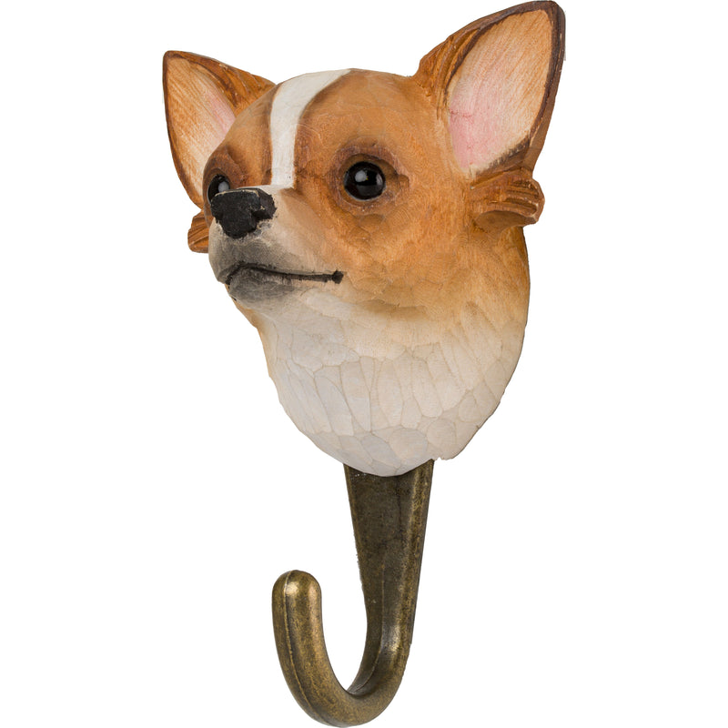 KLEIDERHAKEN CHIHUAHUA Hund Garderobe Wandhaken massiv Landhaus Vintage handgeschnitzt und handbemalt Holz und Metall-Haken 11cm hoch