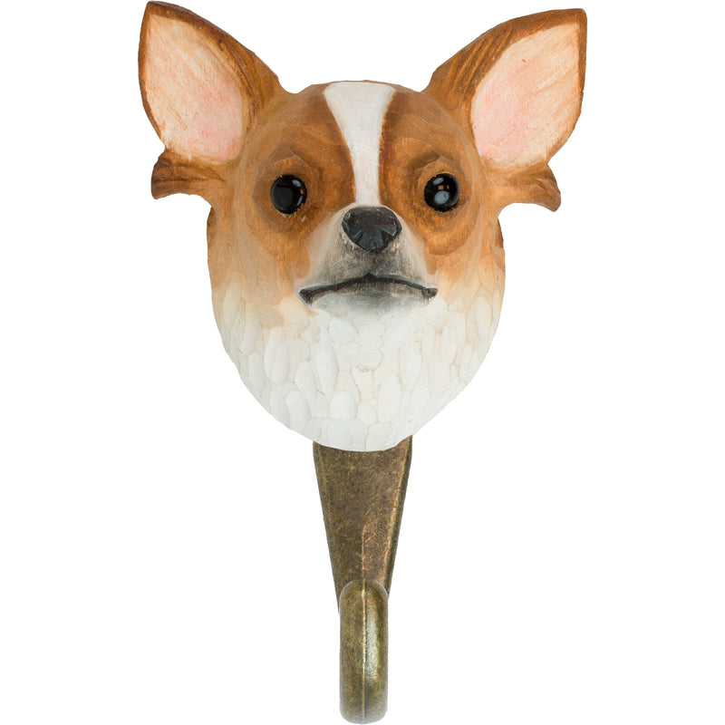 KLEIDERHAKEN CHIHUAHUA Hund Garderobe Wandhaken massiv Landhaus Vintage handgeschnitzt und handbemalt Holz und Metall-Haken 11cm hoch