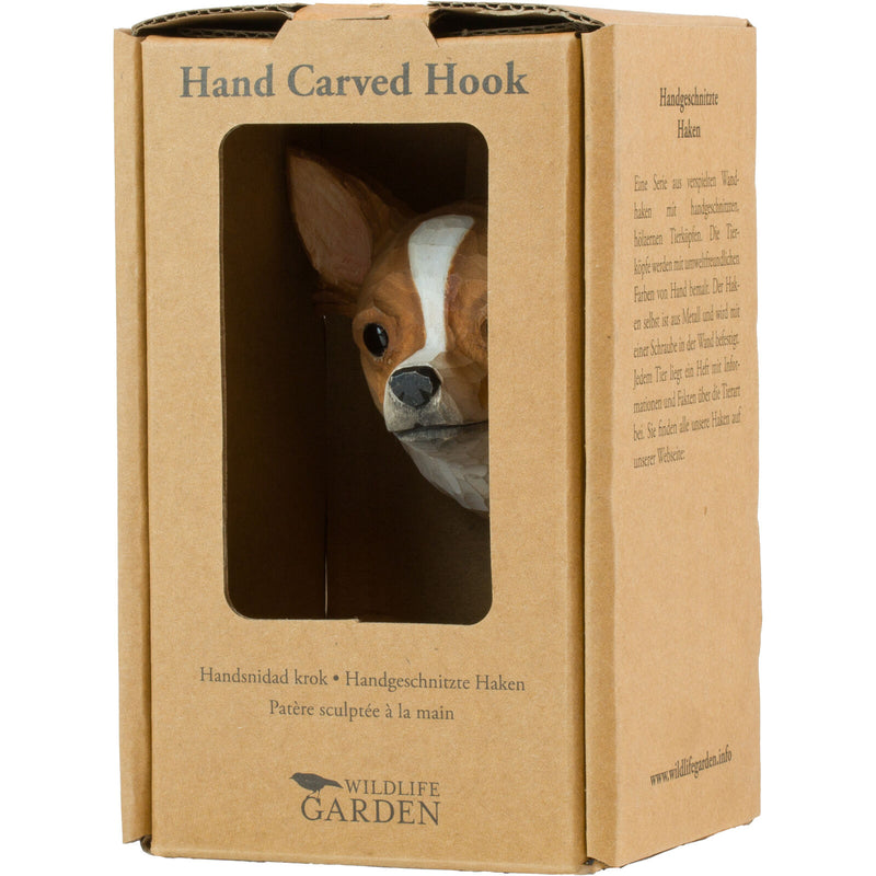 KLEIDERHAKEN CHIHUAHUA Hund Garderobe Wandhaken massiv Landhaus Vintage handgeschnitzt und handbemalt Holz und Metall-Haken 11cm hoch