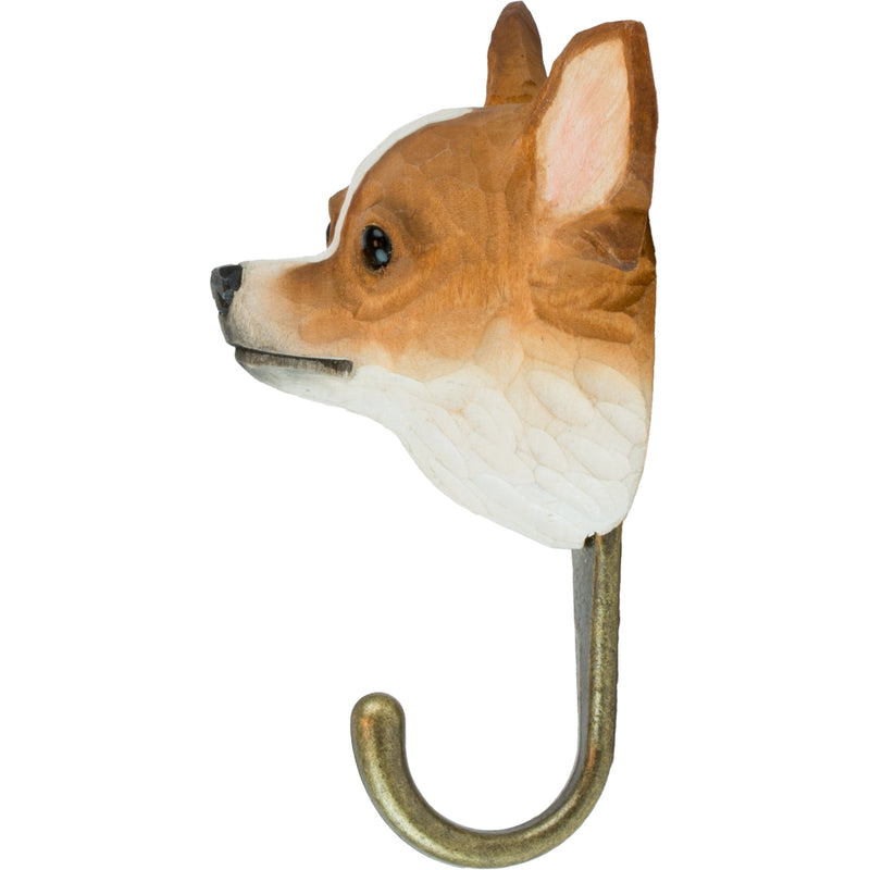 KLEIDERHAKEN CHIHUAHUA Hund Garderobe Wandhaken massiv Landhaus Vintage handgeschnitzt und handbemalt Holz und Metall-Haken 11cm hoch