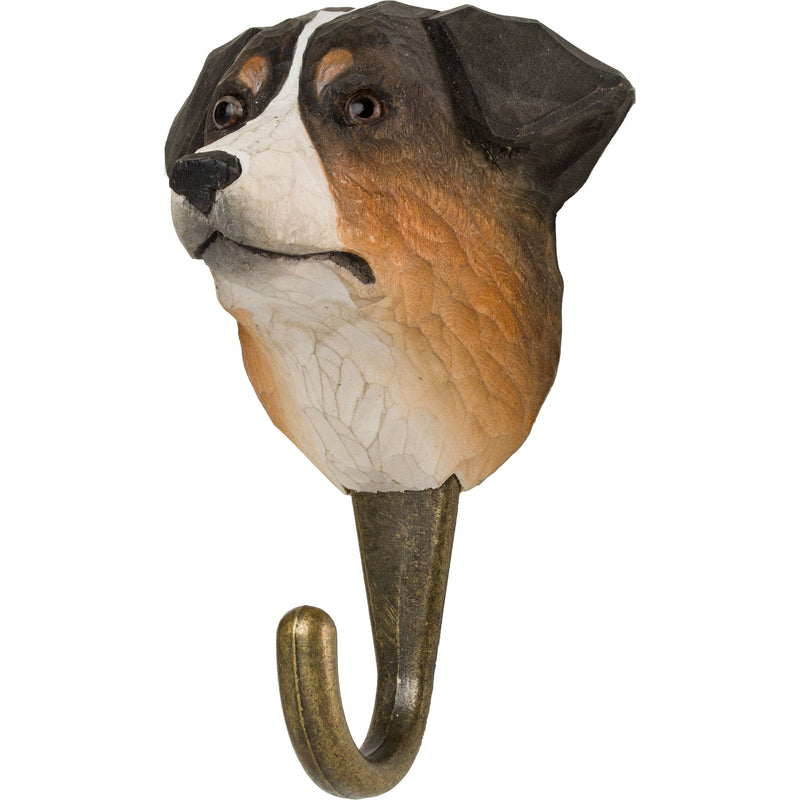 KLEIDERHAKEN AUSTRALIAN SHEPHERD Hund Garderobe Wandhaken massiv Landhaus Vintage handgeschnitzt und handbemalt Holz und Metall-Haken 11cm hoch