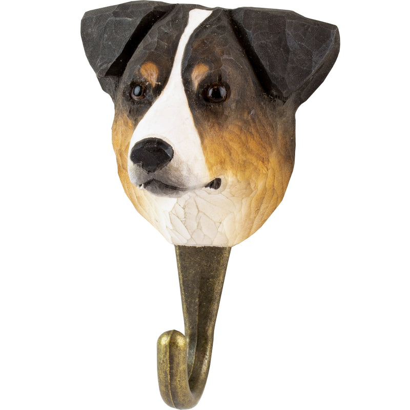 KLEIDERHAKEN AUSTRALIAN SHEPHERD Hund Garderobe Wandhaken massiv Landhaus Vintage handgeschnitzt und handbemalt Holz und Metall-Haken 11cm hoch