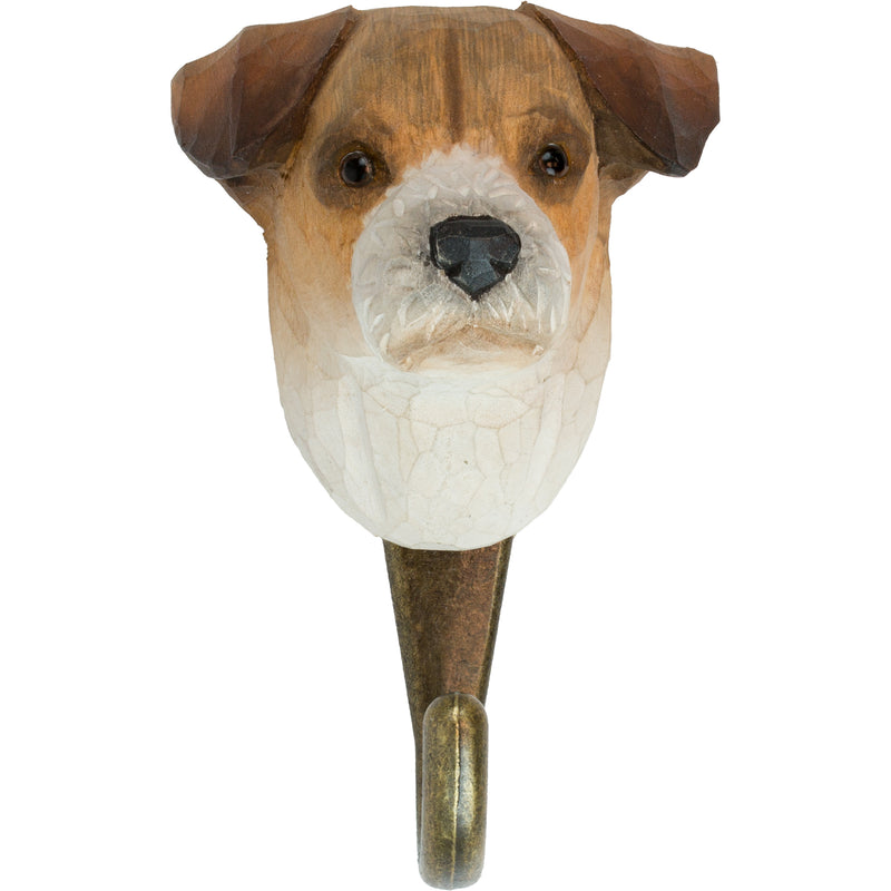 KLEIDERHAKEN JACK RUSSELL Hund Garderobe Wandhaken massiv Landhaus Vintage handgeschnitzt und handbemalt Holz und Metall-Haken 11cm hoch