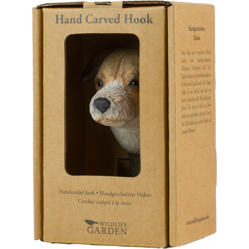 KLEIDERHAKEN JACK RUSSELL Hund Garderobe Wandhaken massiv Landhaus Vintage handgeschnitzt und handbemalt Holz und Metall-Haken 11cm hoch