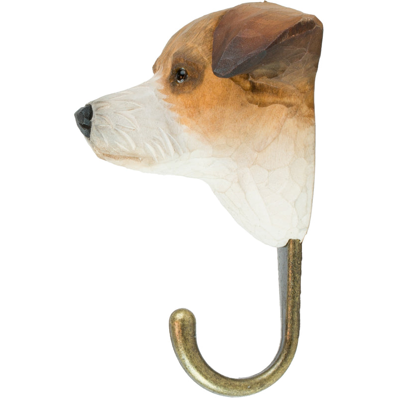 KLEIDERHAKEN JACK RUSSELL Hund Garderobe Wandhaken massiv Landhaus Vintage handgeschnitzt und handbemalt Holz und Metall-Haken 11cm hoch