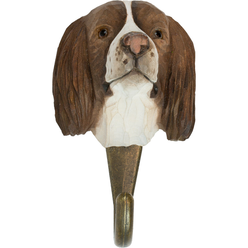 KLEIDERHAKEN SPANIEL Hund Garderobe Wandhaken massiv Landhaus Vintage handgeschnitzt und handbemalt Holz und Metall-Haken 11cm hoch