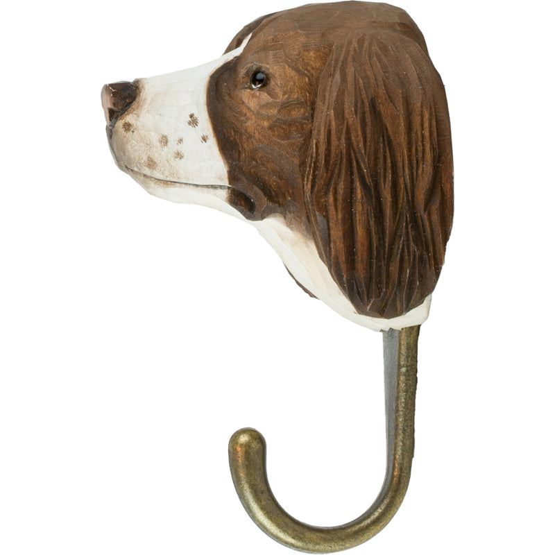 KLEIDERHAKEN SPANIEL Hund Garderobe Wandhaken massiv Landhaus Vintage handgeschnitzt und handbemalt Holz und Metall-Haken 11cm hoch