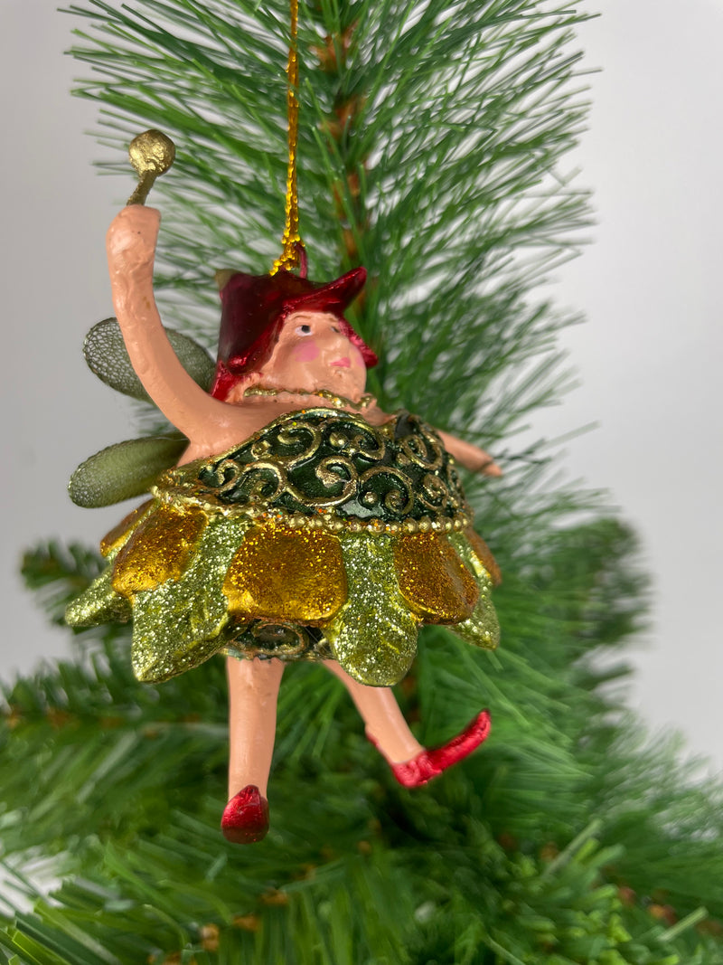 Pummelelfe Baumschmuck Figur Dicke Elfe mini Fee gold-grün Hänger Ostern Frühling Weihnachten 8cm