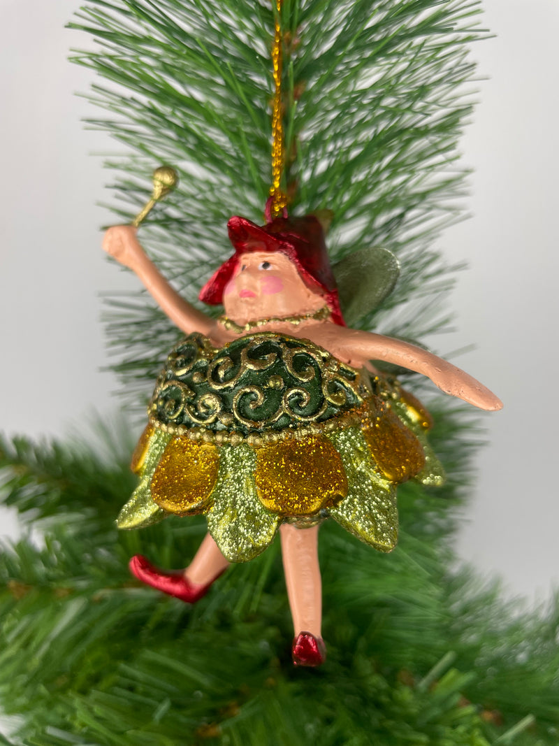 Pummelelfe Baumschmuck Figur Dicke Elfe mini Fee gold-grün Hänger Ostern Frühling Weihnachten 8cm