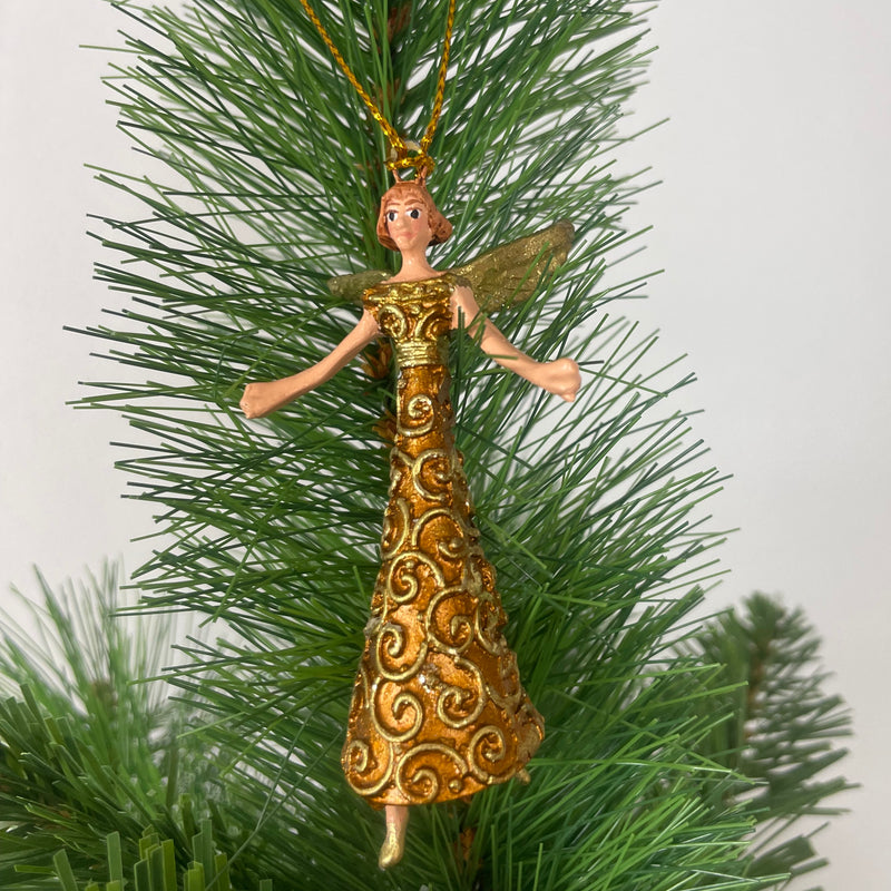 Kleiner Engel mit Flügeln Musikengel mini Weihnachten Deko Hänger Christbaumschmuck 8 cm gold-kupfer