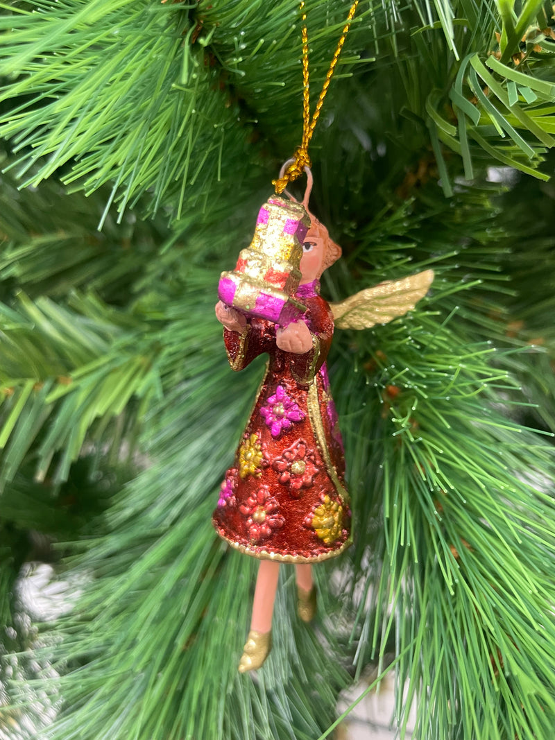 Kleiner Engel mit Geschenken mini Weihnachten Deko Hänger Christbaumschmuck 8 cm kupfer