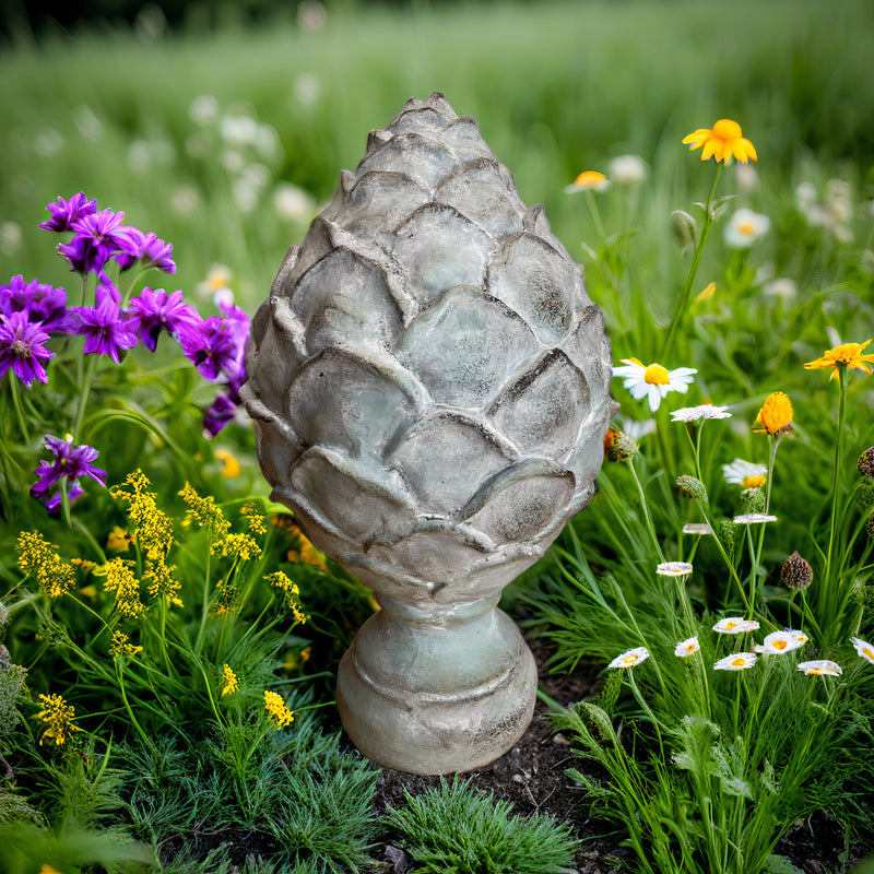 Gartendeko Zapfen groß Landhaus Figur Skulptur Statue Sockel Fuß Zement grau-blau massiv Beet 34 cm hoch