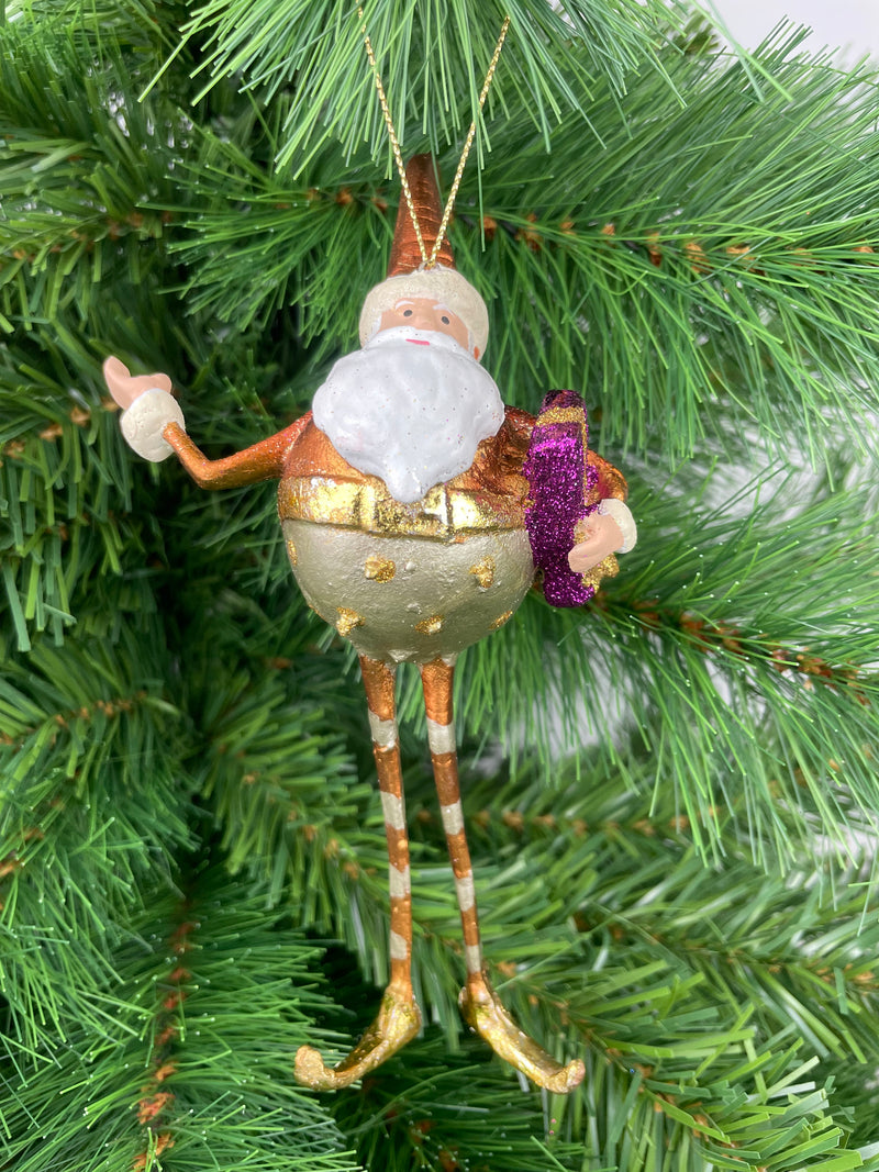 Weihnachtsmann Gabenträger mit langen Beinen 18cm silber-gold-kupfer mit Geschenk Anhänger Ornament Weihnachten Baumschmuck Figur Deko Hänger Christbaumschmuck