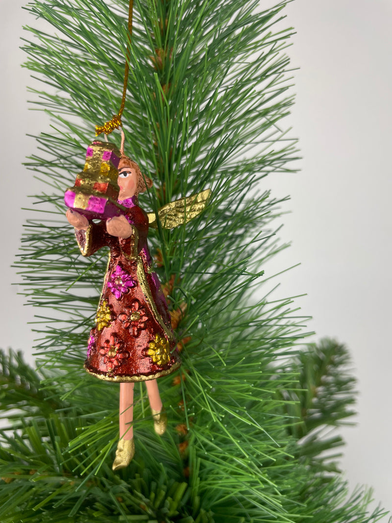 Kleiner Engel mit Geschenken mini Weihnachten Deko Hänger Christbaumschmuck 8 cm kupfer