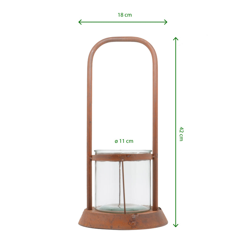 Laterne mit langem Henkel aus Metall mit Edelrost mit klarem Pressglas Kerzenhalter Rost Deko Leuchtfeuer Gartendeko Edelrost in zwei Größen