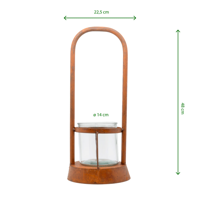 Laterne mit langem Henkel aus Metall mit Edelrost mit klarem Pressglas Kerzenhalter Rost Deko Leuchtfeuer Gartendeko Edelrost in zwei Größen